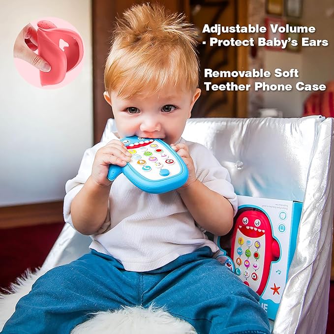 Baby Shark Cell Phone Toy Removable Teether Case, Light, Music & Adjustable Volume Kids Play & Learn Fake Phone Infant Toddler, Preschool Holiday Birthday Presnet for Girl Boy 12 Months (Red)