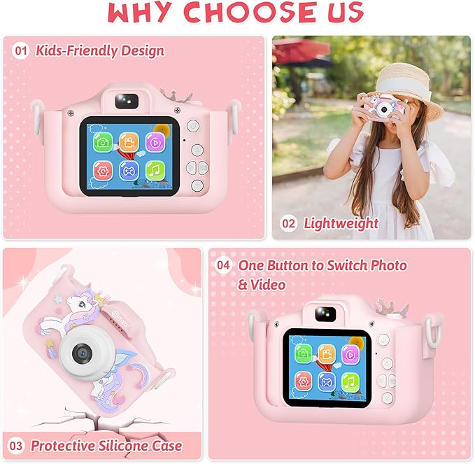 Contixo KC3A Kids Digital Camera - 1080P Toddler Camera with Selfie Mode, Games, Sound Recording, 8X Zoom, 32GB SD Card, USB-C Rechargeable Educational Toy for Boys Girls Ages 3-8, Pink