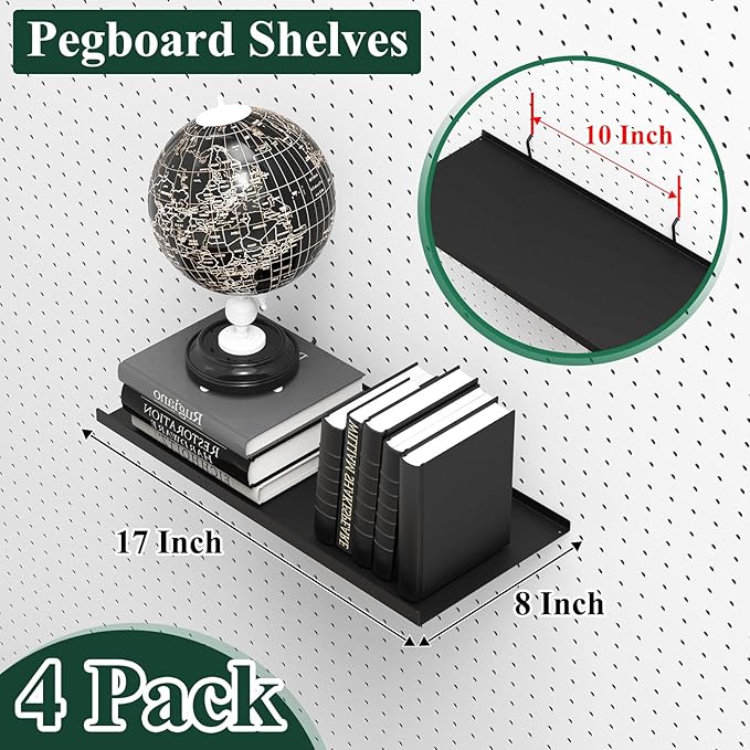 PEKGRIL 17X8 Inch Large Pegboard Shelves Set of 4, Metal Peg Board Shelves Accessories, Flat Display Shelves for Pegboard, Metal Retail Display for Storage and Organization, Black