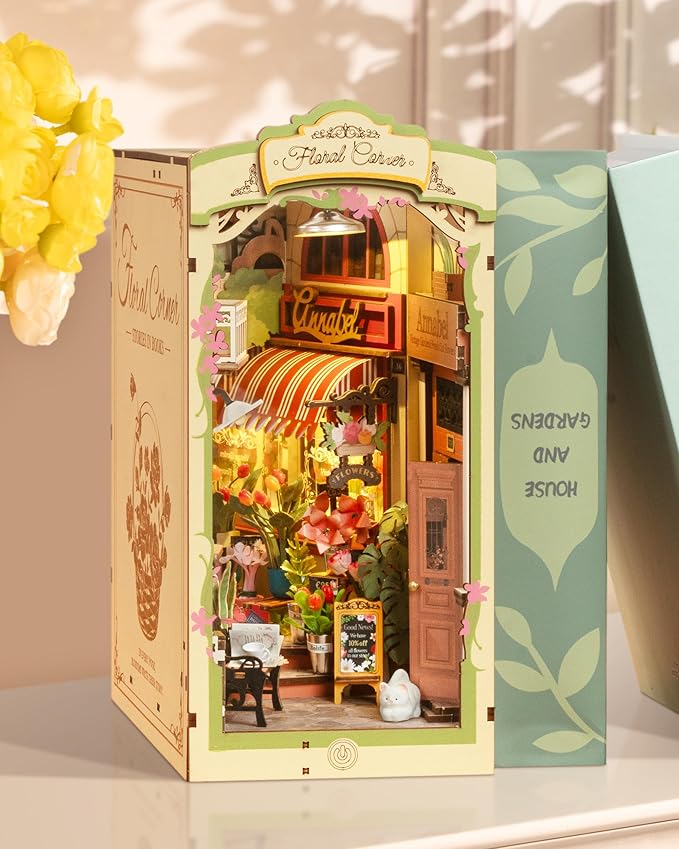 ROBOTIME DIY Book Nook Kits, Miniature House Kit, 3D Wooden Puzzle with LED, Dollhouse Booknook Kit, Creative Bookends Bookshelf Diorama Insert for Teens and Adults (Floral Corner)