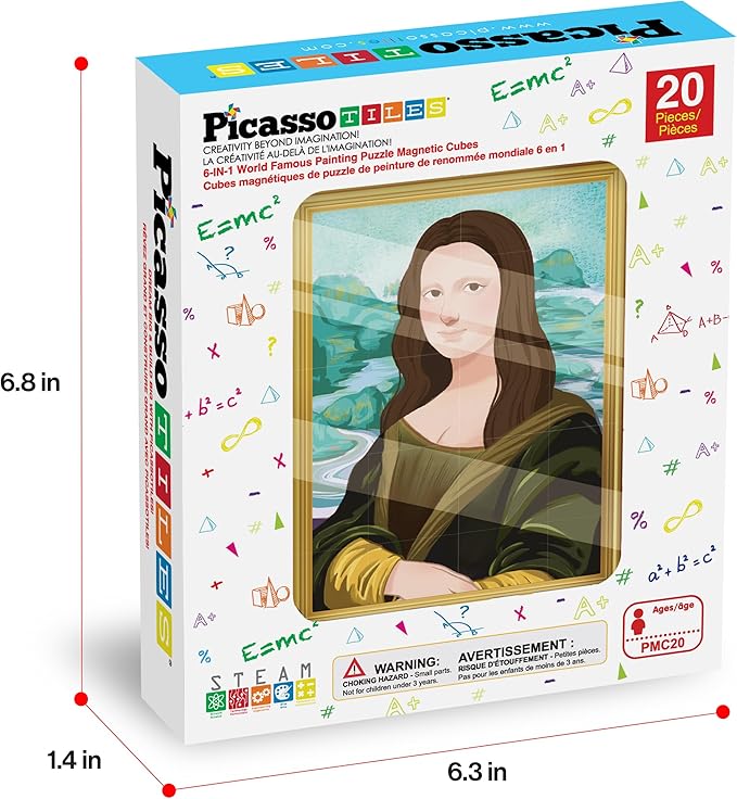 PicassoTiles 20pcs 1” Magnetic Puzzle Building Cubes Blocks for Kids, Van Gogh, Mona Lisa Hand Puzzle, STEM Magnet Toy Mix&Match Educational Popular Art Kids Toys 3+ Year Old boy Girl PMC20