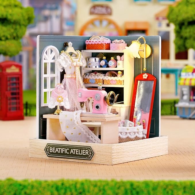 CUTEROOM DIY Doll House Miniature Furniture Wooden House Kit with Dust Cover & LED Light and Accessories - New Three Styles QT Series Dollhouse (QT047)