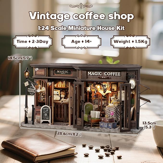 Fsolis DIY Miniature Dollhouse Kit for Adults - Tiny House Mini Scene 3D Puzzles Gifts for Women Teenagers Craft Lovers (Magic Coffee)
