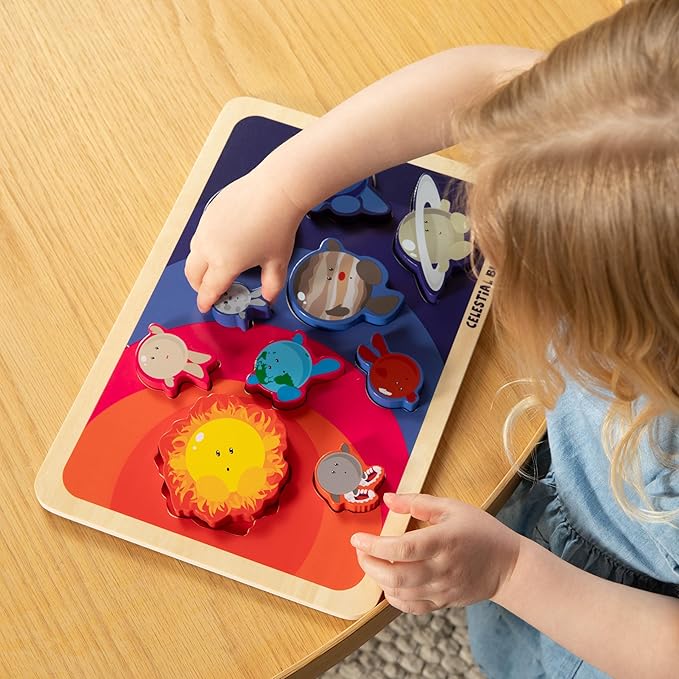 Celestial Buddies Chunky Wooden Toddler Puzzles, 12x8 Inch – Educational Space Puzzle for Early Science & Astronomy Exploration - STEM Learning (2-Pack)