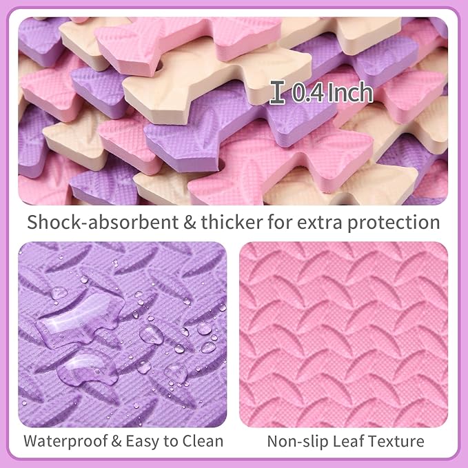 Foam Play Mat for Baby, 0.4 Inch Thicked Interlocking Floor Mats with Solid Colors, Soft Non-Toxic Squares Baby Play Mat, EVA Foam Puzzle Floor Mat for Toddler, 16 Tiles(Pink/Beige/Purple)