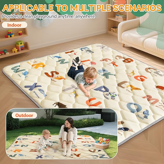 Baby Play Mats for Floor - 65”x50” Playmat for Babies - Foldable Soft Foam Mat for Toddlers - Machine Washable & Non-Slip Thick Play Mat for Picnic Portable - Animals Alphabet Design