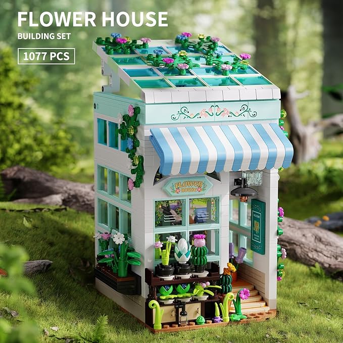 Flower House Building Set with LED Light, 1077 PCS Greenhouse Model Building Toy with Flowers Potted Plants, Garden House Book Nook Home Decor Birthday Gift for Adults Teens Girls Age 8-12