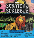 Ooly Scratch & Scribble 10pc Art Kit with 8 Total Scratch Cards (4 Illustrated, 2 Blank, 2 Rainbow) with Scratching Tool and Sparkled Stickers, Art Set Gifts for Kids - Colorful Safari