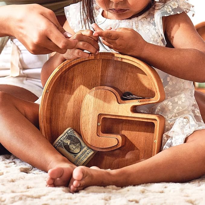 Personalized Wooden Piggy Bank – Custom Letter G Coin Bank in Beech Wood with Clear Acrylic Front, Engraved Name Option, Money Saving Box for Kids and Adults