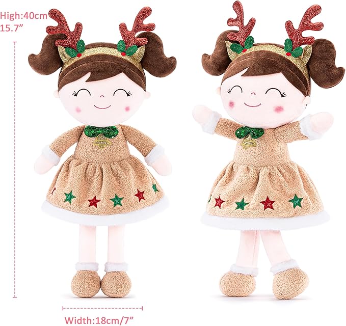 Gloveleya Christmas Reindeer Girl Plush Doll – 16" Soft Stuffed Animal Holiday Toy with Antlers, Gift Box & Card, Xmas Present for Toddler Girls, Baby Shower & Birthday Gift