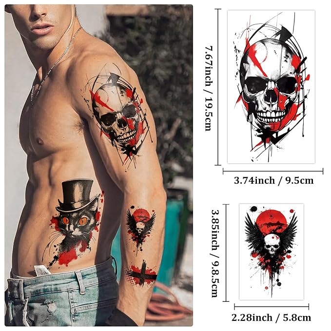 77 Sheets Temporary Tattoos for Adults and Kids, Cool Waterproof Fake Tattoos, Black and Red Trash Polka Half Arm Sleeve Small Tattoos
