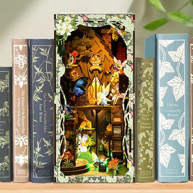 ISSEVE Book Nook Kit, DIY 3D Wooden Puzzle Dollhouse Booknook for Adults, Tiny Miniature House Kit Bookshelf Decor with LED Light and Dust Cover, Gifts for Family and Friends (Forest Secret World)