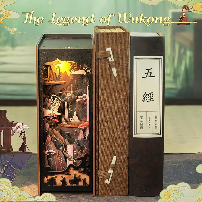 Fsolis Book Nook Kit, DIY Miniature House Kit 3D Wooden Puzzle Craft Kit for Adults Bookshelf Nook Decor Decorative Bookend Gifts for Book Lovers- The Legend of Wukong (No Glue Required)
