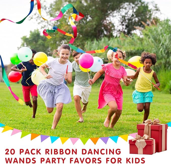 20 Pack Ribbon Dancing Wands Party Favors for Kids, Rainbow Birthday Decorations, Princess Party Supplies, Girls Party Games, Gymnastics Goody Bag Stuffers