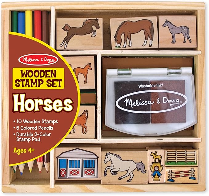 Melissa & Doug Wooden Stamp Activity Set: Horse Stable - 10 Stamps, 5 Colored Pencils, 2-Color Stamp Pad