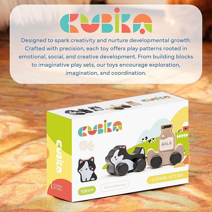Cubika Wooden Clever Kitties Train Toy – Magnetic Cat-Themed Wood Toy Playset for Toddlers 18 Months+ – Montessori Toy for Fine Motor Skills and Imaginative Play