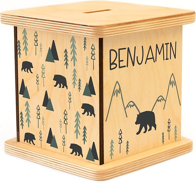 Wooden Piggy Bank for Kids and Adults, Personalized Gift Handmade in USA by BloomOwl, Custom Piggy Bank, Personalized Banks for Kids, Gifts for Baby Boys and Girls (Minimal Bear)