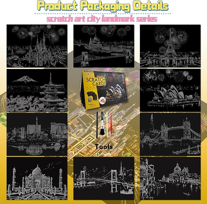 Scratch Art Book for Adults-Landmark Building Scratch Paper|Scratch Painting Paper Craft Kit|Creative Foil Engraving Scratch Art|Scratch City Series Books for Travel Lovers,Craft Lovers(City Series 1)