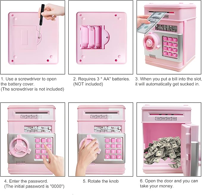Piggy Bank Electronic Mini ATM for Kids Toy, Safe Money Saving Box Coin Banks Password Code Lock for 3-14 Years Old Kids, Boys Girls Ideal Gift (Light Pink)