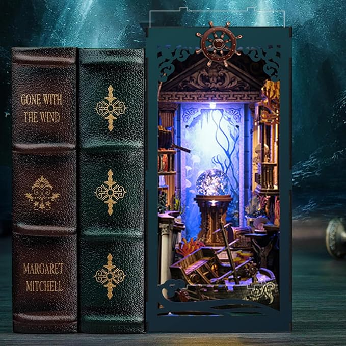 ISSEVE Book Nook Kit, DIY 3D Wooden Puzzle Dollhouse Booknook for Adults, Tiny Miniature House Kit Bookshelf Decor with LED Light and Dust Cover, Gifts for Family and Friends (Sea Maze)