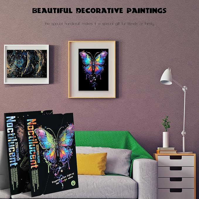 Adult Crafts Glow in The Dark, Scratch Art Rainbow Painting Paper 8 Sheet with Tools, Landscape Scratchboard for Teens & Adults Fun Creative Craft Toy/Gifts/Decor(A4-Noctilucent Butterfly, Whale)