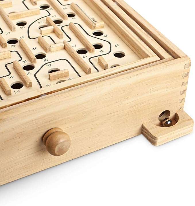 STERLING Wooden Labyrinth Marble Maze Game, Large 12.75" x 11.5" Tilt Maze Game Board with 60 Waypoints and Marble Balls Included, for Kids and Adults 6 Years and Up