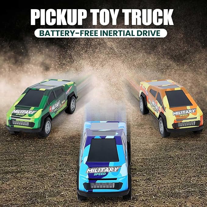 Toy Trucks for Kids 1/32 Model Car 3 Pack,Camouflage: Blue, Yellow, Green,Friction Power Push and Go Pull Back Wind up Race Cars,Toddlers 3 4 5 6 7 8 for Boys and Girls Birthday Party Gift