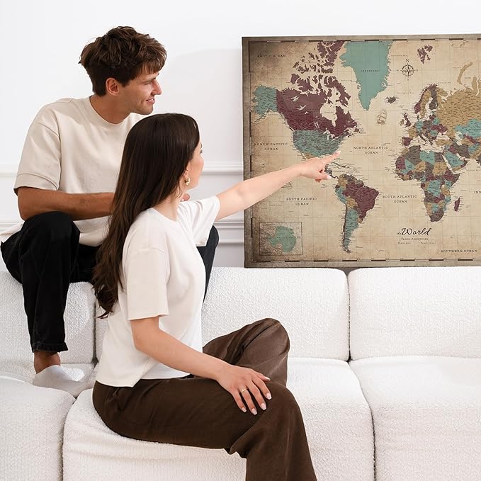 Canvas World Map with Cork Pin Board - English Lettering - Decorative Wall Decoration for All Rooms - Canvas Pictures with World Map Motif (150x100 cm, Pattern 12)