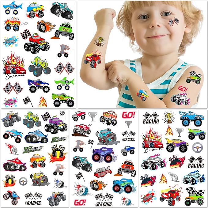 75 PCS Truck Temporary Tattoos for Kids, Groovy Metallic Styles Tattoos for Truck Wheels Birthday Party Supplies Racing Car Checkered Flag Trophy Flame Fake Tattoo Stickers for 5 6 7 8 Years Old Boys