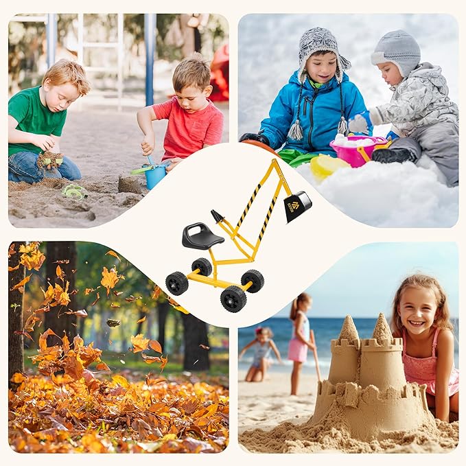 Elevon Sand Digger Kids Rolling Excavator Ride On Toy, Beach Toys Outdoor Sandbox Toy Digger, Steel Excavator Crane Rotates 360 with 4 Wheels, Sand Toys Backyard Sandbox, Dirt and Snow - Yellow