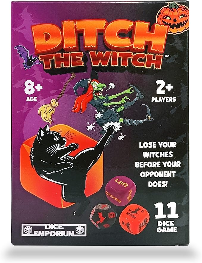 Ditch the Witch Dice Game for Ages 8+ – Fast-Paced Family Games with Custom 6 Sided Dice, Witch Counter, and Directional Play – Halloween Fun for 2-4 Players, Perfect for Gifting or Family Game Night