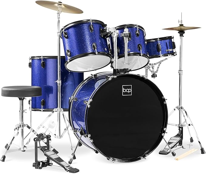 Best Choice Products 5-Piece Full Size Complete Adult Drum Set w/Cymbal Stands, Stool, Drum Pedal, Sticks, Floor Tom - Dark Blue Sparkle