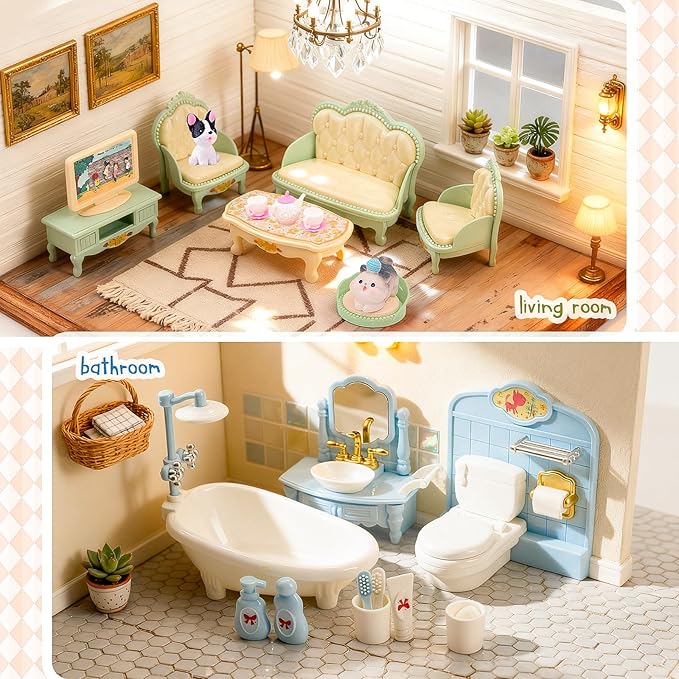 45 Pcs Dollhouse Furniture Set Accessories Pretend Play Bedroom Living Room Bathroom Kitchen Doll House Mini Furniture for Kids Birthday and Christmas 4 Colors