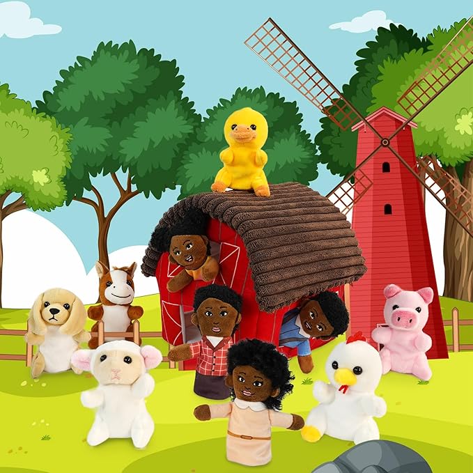 11 Pcs Finger Puppets Set Mini Toys, Soft Plush Animal Finger Puppet for Kids Mini Stuffed Animals with Farm House, Family Finger Puppets for Toddlers Storytelling Role-Playing Christmas School