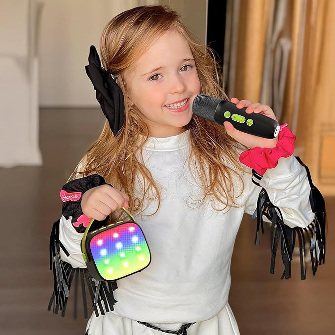 Mini Karaoke Machine with 2 Wireless Microphones, TOP Kids Gifts for Girls Ages 3, 4, 5, 6, 7, 8, 9,10,11,12 +Year Old, 4-12 Years Old Birthday Toy Gift for Girls Boys Party (Black Green)