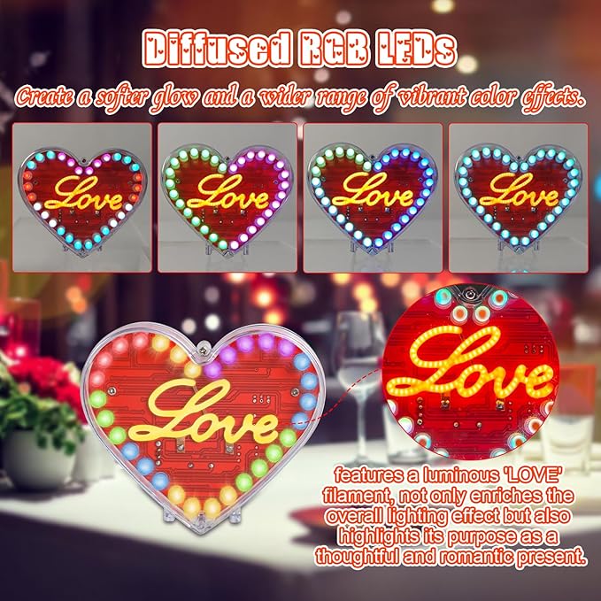 Soldering Project, ICSTATION Heart Shaped LED Soldering Practice Kit RGB LED Heart Circuit Project with Love Filament DIY Electronic Kit for School Student Education Perfect Present for Your Lover
