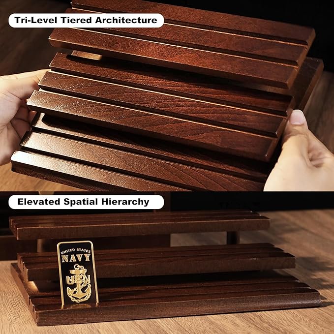 Handmade 3-Tier Challenge Coin Display Case - Holds 40+ Military Coins - Walnut Finish Wooden Holder for Desk Display - Premium Gift for Collectors & Armed Forces (Retirement, Promotion)