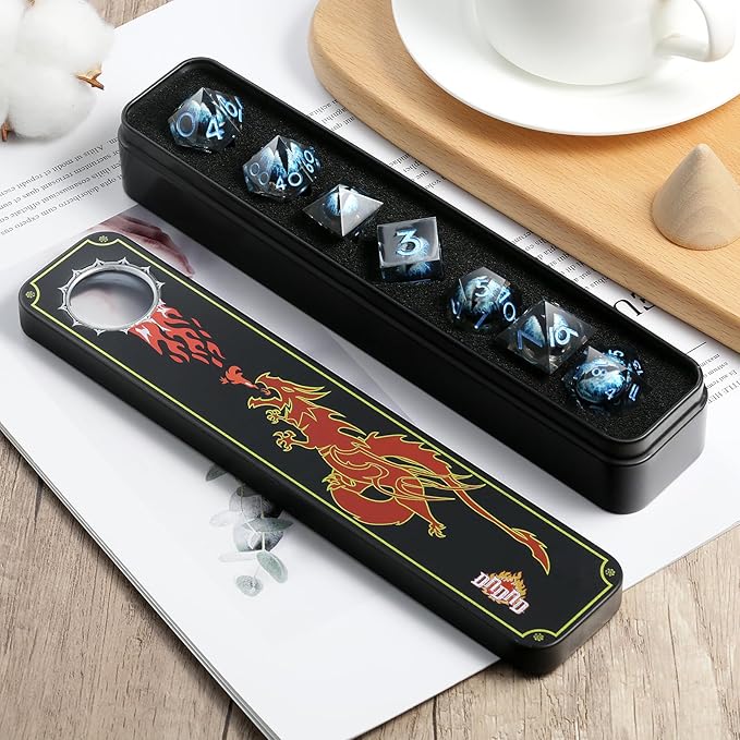 DNDND Dragon Eye Blue Resin Dice Set with Gorgeous Gift Case for Tabletop RPG Games