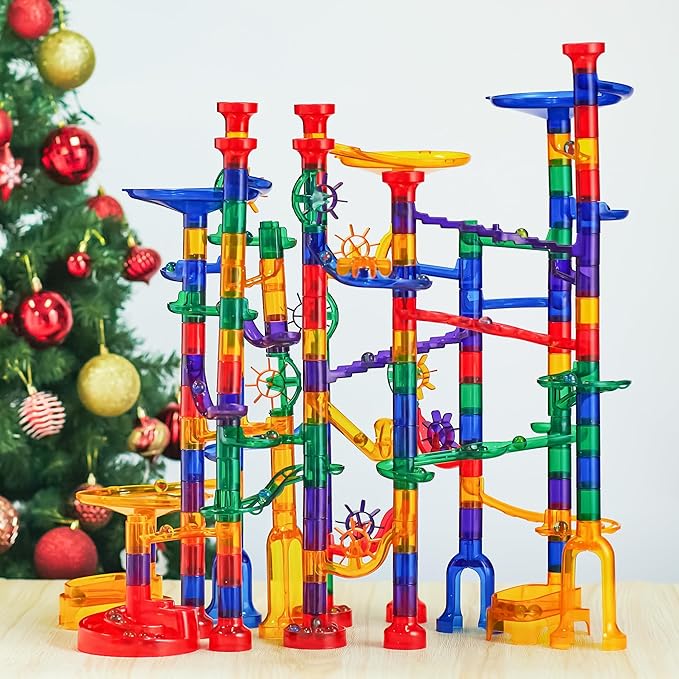 JOYIN 207Pcs Glowing Marble Run, Construction Building Blocks Toys with 5 Glow in The Dark, STEM Toy for Boys and Girls, Educational Toy, Gift for Christmas(147 Plastic Pieces + 60 Glass Marbles)