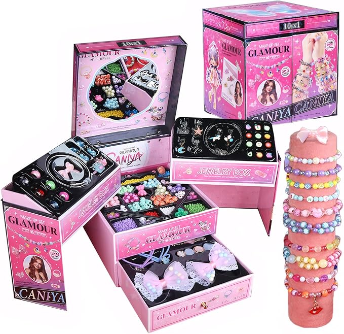 Tuehakny 10-in-1 Jewelry Craft Kit for Girls Ages 4-12, 3000+ Non-Toxic Beads, Charms & Elastic String with Layered Storage Box, DIY Bracelet Necklace Maker Kit, Birthday Christmas Gifts for Kids