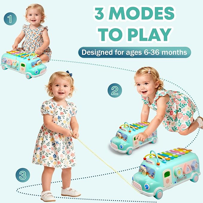 Baby Bus Xylophone Toys for 1 Year Old Girl Gifts, 5-in-1 Montessori Baby Musical Bus Toys for Toddler 1-3, Shape Sort Educational Early Learning Toy 1st First Birthday Gifts for Girls Boys