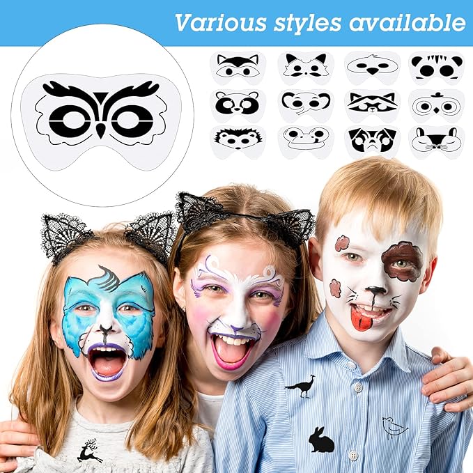 Fainne 68 Pcs Face Paint Stencils Kit, 48 Reusable Facial Painting Stencils with 10 Stickers 10 Painting Brushes Plastic Tattoo Templates for Halloween Party Makeup DIY Drawing Art (Animal Style)
