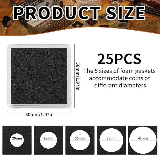 Uncle Paul 25 PCS Coin Capsules, Coin Snap Holders with 5 Sizes Black Gaskets 20/25/30/35/40mm, Clear Coin Cases for Coin Collection Supplies Silver Dollar Pounds Cents