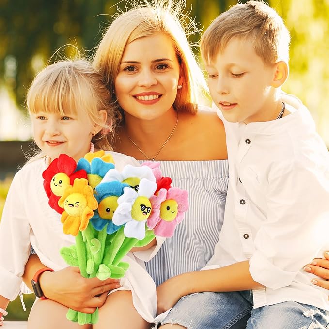 18 Pcs Plush Smile Flower Stuffed Bendable Stems Plush Bouquet Toy Soft Floral 12.6 Inch for Graduation 2025 Mother's Day Valentines Day Girl Girlfriend Wife Family and Friends(Elegant Style)