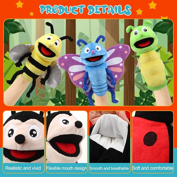 Lenwen 6 Pcs Operation Christmas Items Bulk Animal Hand Puppets with Working Mouth 10 Inches Plush Puppets for Toddler Kid Storytelling Imaginative Role Play Show Party Gifts(Insect)