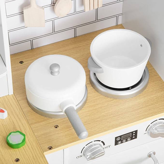 Qaba Pretend Play Corner Kitchen, Interactive Wooden Kids Play Kitchen w/Realistic Sounds, Telephone, Refrigerator, Oven, Microwave, Gift for Toddlers Aged 3+