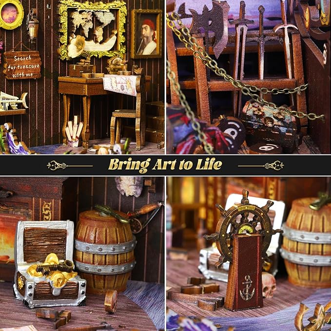 DIY Book Nook Kit Booknooks Bookshelf Insert Decor Miniature House Kits with Sensor Light 3D Puzzles Wooden Dollhouse Arts & Crafts for Adults/Teen Gifts (Aden)