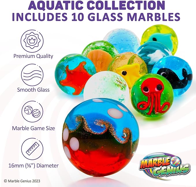 Marble Genius Collectors Marbles, Aquatic, 16mm (⅝ Inch), 10 Handmade Glass Marbles, Gifts for Marble Lovers, Gifts for Kids Ages 3+