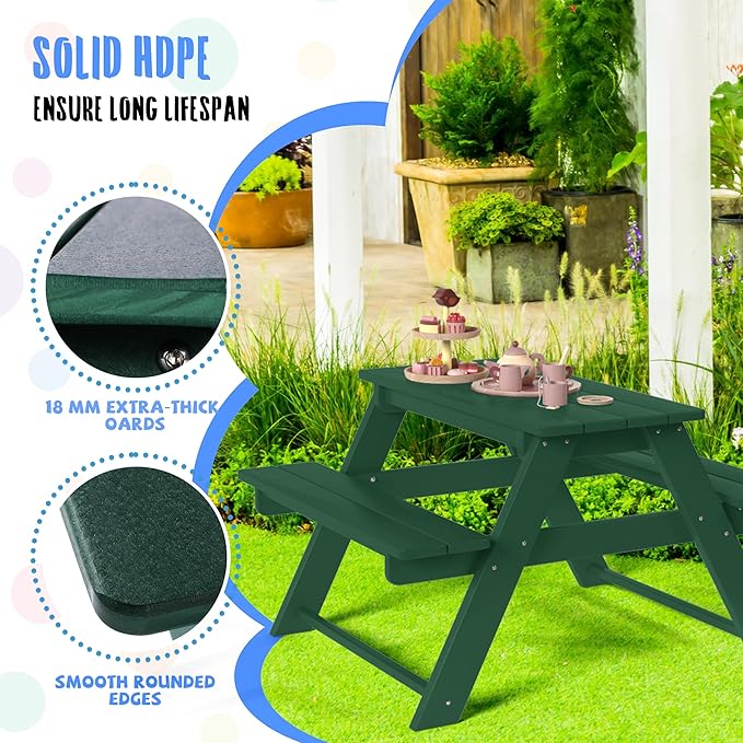 Costaelm Kids Picnic Table, HDPE All Weather Outdoor Toddler Picnic Table and Chair Set Kids Bench for Patio, Backyard, Garden, Lawn, Dark Green