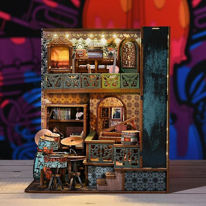 DIY Book Nook Kit, Miniature Bookshelf Decor with LED Lights, Laser-Cut Wooden Craft Set for Adults, Creative Gift for Christmas, Birthday, Music House